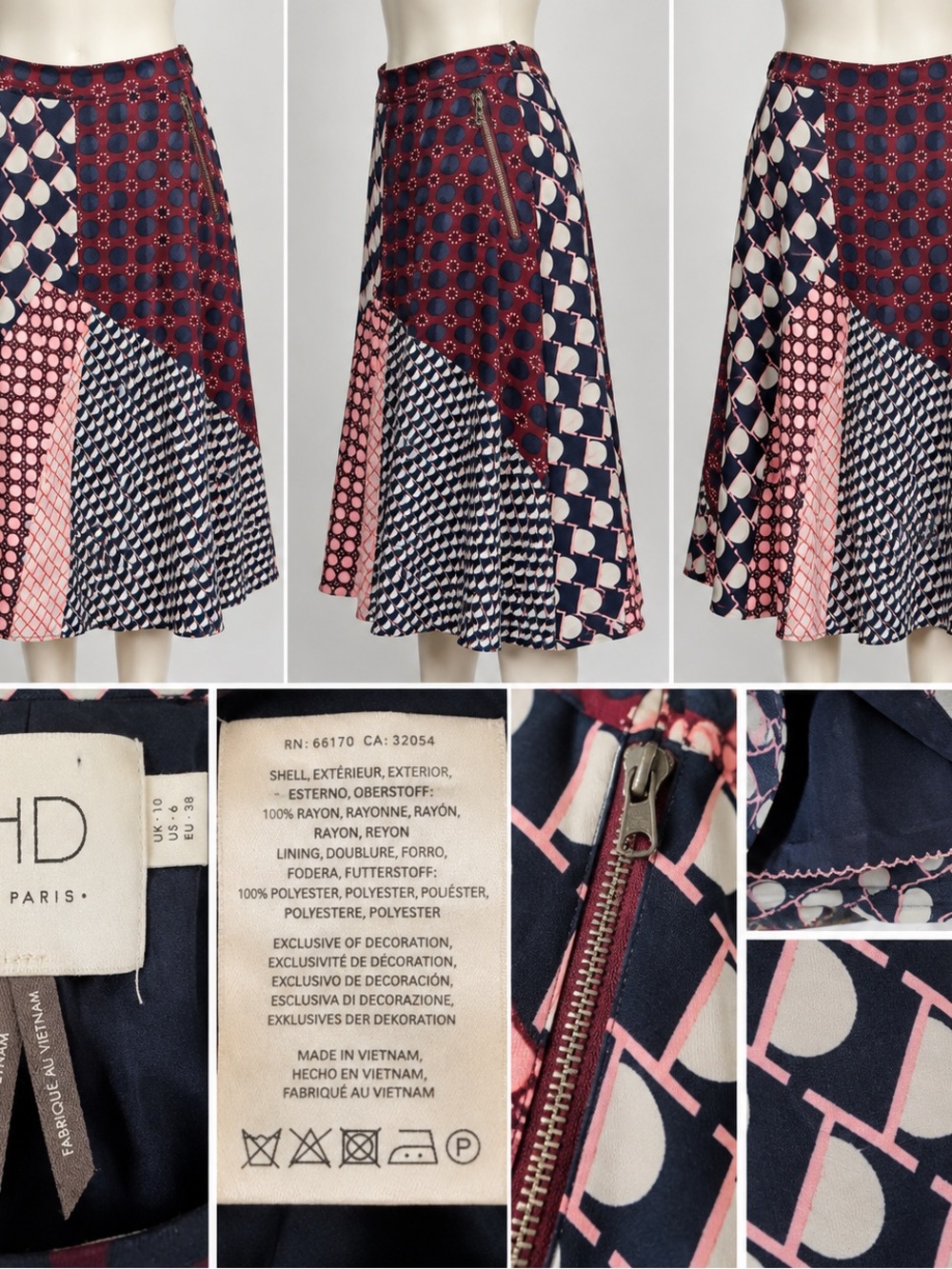 Anthropologie HD in Paris Patchwork Midi Skirt Size 6 Rayon Zip Pockets